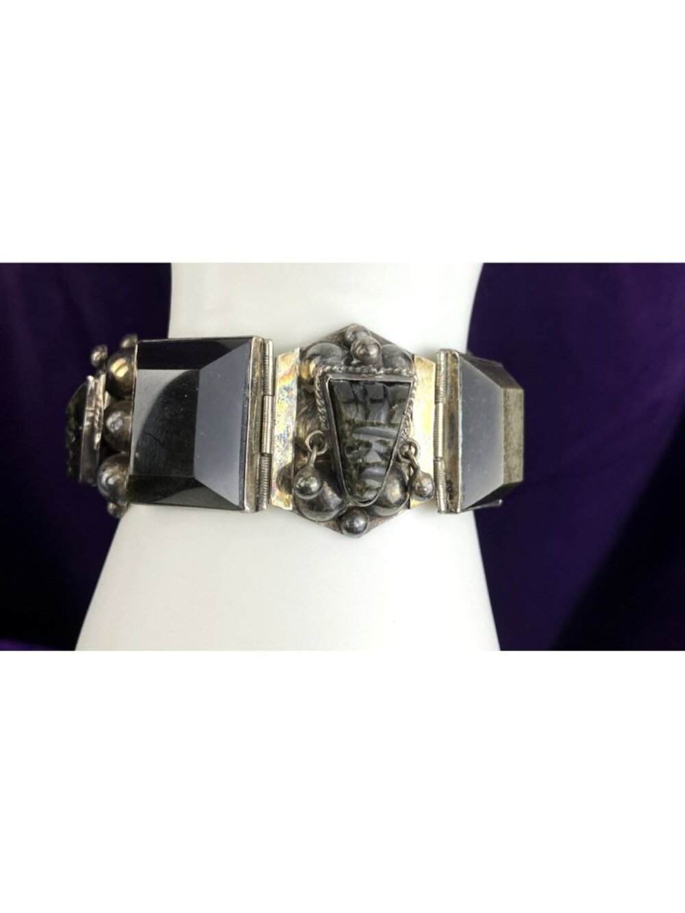 40s Sterling 925 Taxco Mexico Carved Tribal Mask Chunky Thick Bracelet
